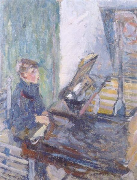 Piet: The Son Of The Artist Playing The Piano Oil Painting by Joseph Raphael