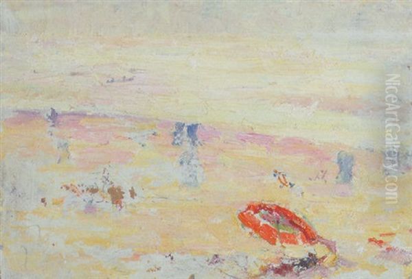 Red Umbrella On The Beach Oil Painting by Joseph Raphael