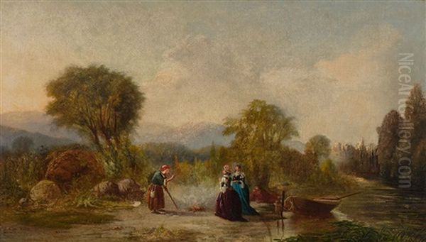 Fireside Chat In A Clearing Oil Painting by William Raphael