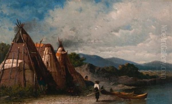 Three Montagnais Indian Birch Bark Wigwams, Point-au-pic, Murray Bay Oil Painting by William Raphael