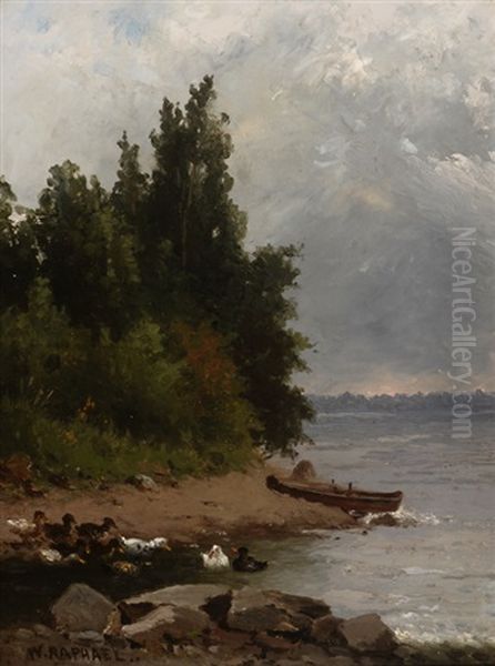 Ducks & Boat At Water's Edge Oil Painting by William Raphael