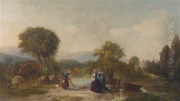 River Landscape With Figures Punting Oil Painting by William Raphael