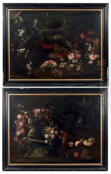 Nature Morte Au Perroquet, Nature Morte A La Sculpture (pair) Oil Painting by Michele Antonio Rapous