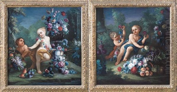 Composizione Di Fiori E Putti Entro Paesaggio (+ Another; Pair) Oil Painting by Michele Antonio Rapous