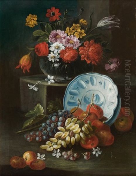 Nature Morte Au Bol De Porcelaine, Fruits Et Vase De Fleurs Oil Painting by Michele Antonio Rapous