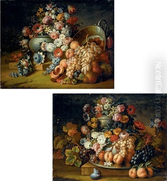 Fiori E Frutta (+ Fiori E Frutta; 2 Works) Oil Painting by Michele Antonio Rapous