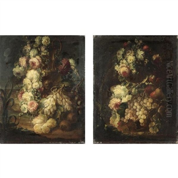 Nature Morte Con Fiori E Frutta (pair) Oil Painting by Michele Antonio Rapous