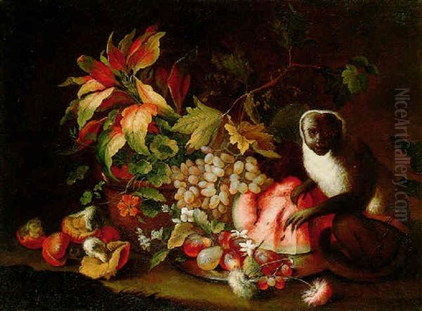 Still Life Of Flowers And Fruit With A Monkey Oil Painting by Michele Antonio Rapous