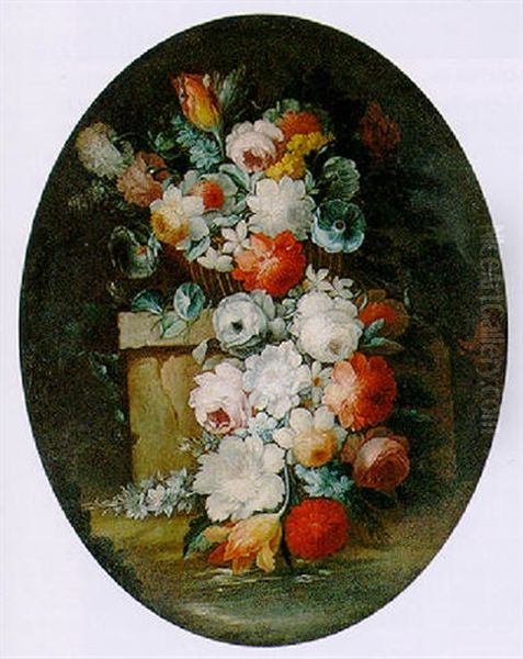 Still Life Of Various Flowers Pouring Out Of A Basket Onto A Stone Plinth Oil Painting by Michele Antonio Rapous