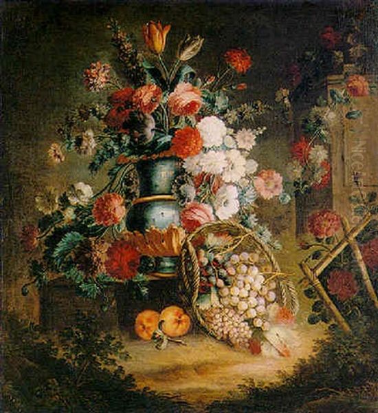 Still Life Of Various Flowers In A Vase, Peaches And A Basket Full Of Grapes, Leaning On A Stone Plinth In A Rose-garden Oil Painting by Michele Antonio Rapous