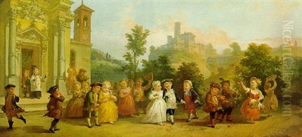 Die Kinderhochzeit, Der Hochzeitszug Aus Der Kirche Oil Painting by Michele Antonio Rapous