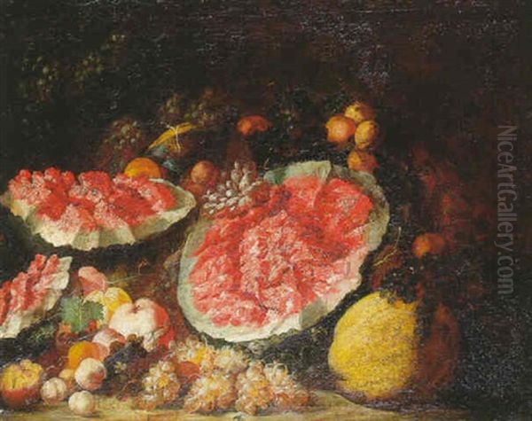 Nature Morte Aux Fruits, Coing, Pasteques Eclatees, Peches, Raisins Blancs, Noir Et Citron Oil Painting by Michele Antonio Rapous