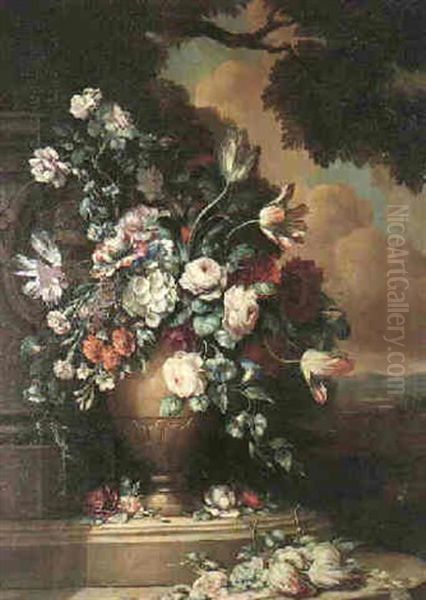 Still Life Of Flowers In A Stone Vase Beside A Stone Balustrade In A Garden Oil Painting by Michele Antonio Rapous