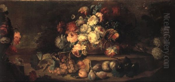 Bouquet De Fleurs Et Fruits Disposes Dans Un Paysage Oil Painting by Michele Antonio Rapous