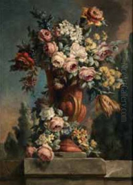 Vaso Di Fiori In Un Paesaggio Oil Painting by Vittorio Amedeo Rapous