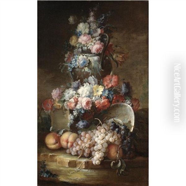 Nature Morte Con Vasi Di Fiori E Frutta (pair) Oil Painting by Vittorio Amedeo Rapous