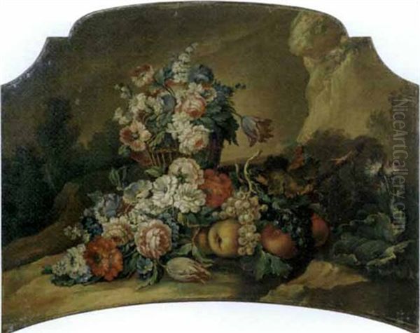 Rose, Tulipani Ed Altri Fiori In Un Cesto Con Uve, Pesche E Fiori En Plein Air (+ Rose, Garofani, Peonie Ed Altri Fiori In Un Vaso Di Vetro Con Uve E Pesche In Una Coppa Di Vetro En Plein Air; 2 Works Oil Painting by Vittorio Amedeo Rapous