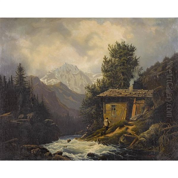 Gebirgsbach Mit Einer Hutte Oil Painting by Johann Rudolf Rapp