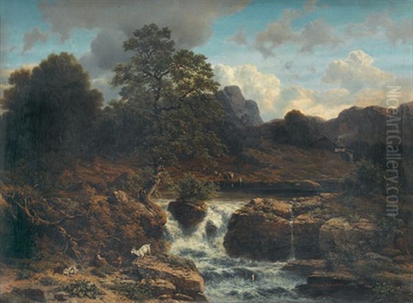 Felsige Flusspartie Mit Hirten Und Ihren Tieren Oil Painting by Johann Rudolf Rapp