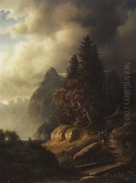 Ziegenhirte Mit Herde, Im Hintergrund Urirotstock Oil Painting by Johann Rudolf Rapp