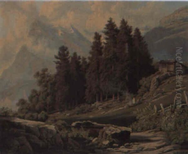 Berglandschaft Mit Hirte Und Weidenden Ziegen Oil Painting by Johann Rudolf Rapp