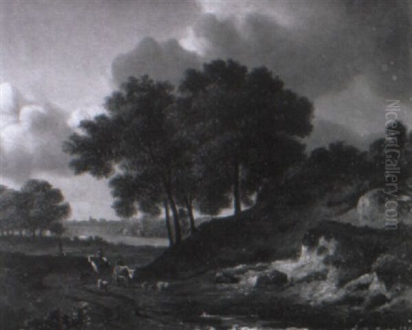 Waldweg Mit Einem Reiter Und Einem Bauern Mit Vieh Vorn In Der Mulde Oil Painting by Johann Rudolf Rapp