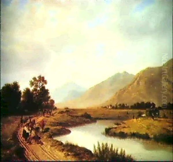 Flusslandschaft Mit Bauern Und Kuhen Oil Painting by Johann Rudolf Rapp