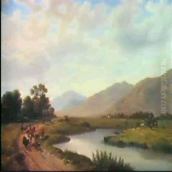 Flusslandschaft Mit Staffage- Figuren Oil Painting by Johann Rudolf Rapp