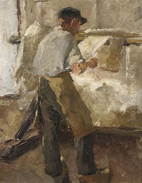 A Young Workman At A Stretching Frame Oil Painting by Alexander Gerhard Anton van Rappard