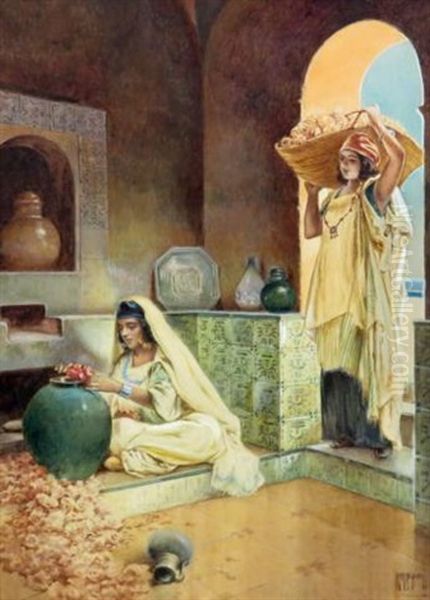 In The Courtyard Of A Harem And The Perfume Maker (2) Oil Painting by Vittorio Rappini