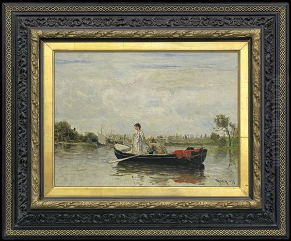 Couple In A Boat Oil Painting by Heinrich Rasch