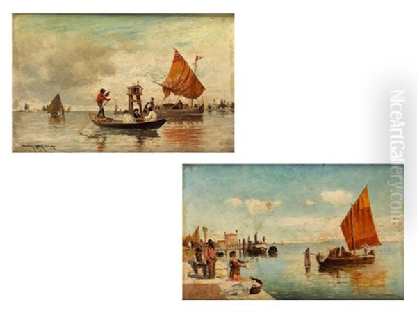 Italienische Uferszene (+ Schiffszene; Pair) Oil Painting by Heinrich Rasch