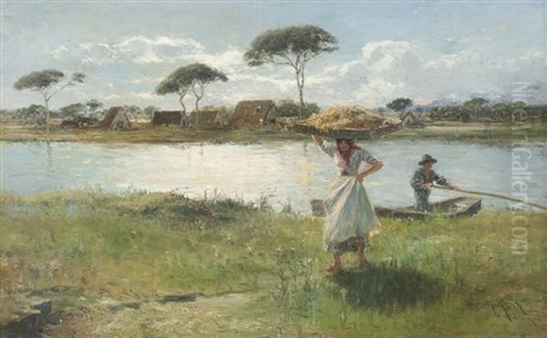 Flusslandschaft Mit Bauerin Und Fischer Am Ufer Oil Painting by Heinrich Rasch