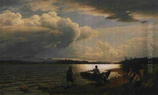 Fischer Am Chiemseeufer, Im Hintergrund Die Fraueninsel Oil Painting by Heinrich Rasch