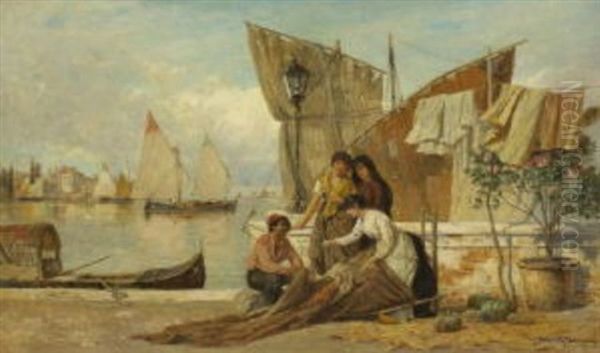 Netzflicker An Der Ufermauer In Der Lagune Von Venedig Oil Painting by Heinrich Rasch