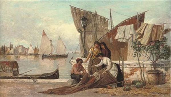 Mending Sails On A Venetian Quay Oil Painting by Heinrich Rasch