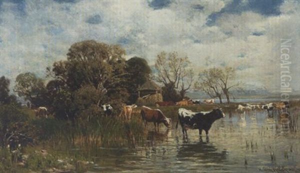 Kuhe Am Wasser (starnberger See?) Oil Painting by Heinrich Rasch