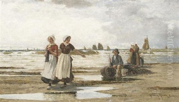 Sommer An Der Hollandischen Kuste. Fischerjunge Im Gesprach Mit Zwei Madchen Oil Painting by Heinrich Rasch