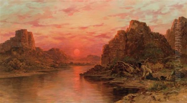 Native American In River Landscape Oil Painting by Henry Raschen