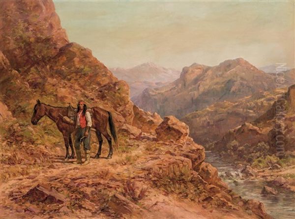 Native American With Red Bandana And Horse Oil Painting by Henry Raschen