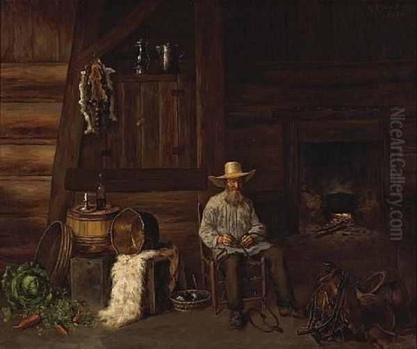 Repairing The Bridle Of A Saddle In A Western Interior Oil Painting by Henry Raschen