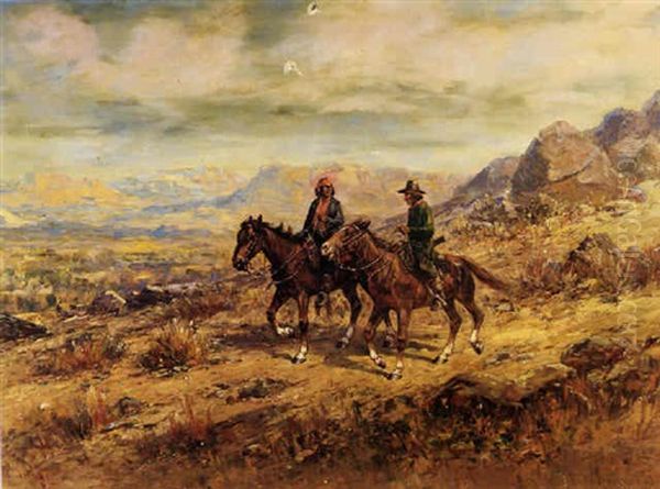 Two Indians On Horeseback Om The High Desert Oil Painting by Henry Raschen