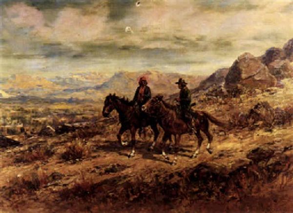 Two Indians On Horseback In The High Desert Oil Painting by Henry Raschen