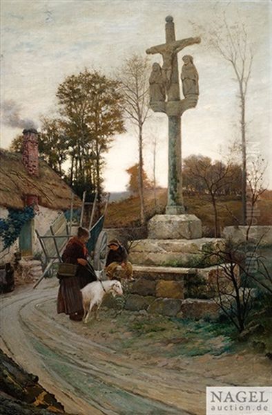 Bauerin Mit Ziegen An Einem Wegkreuz Oil Painting by Karl Rasek