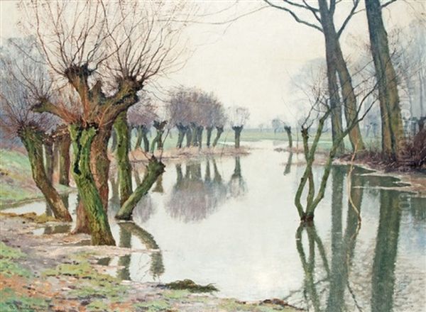 Willow Trees In The Rhine Meadows Oil Painting by Alfred Rasenberger