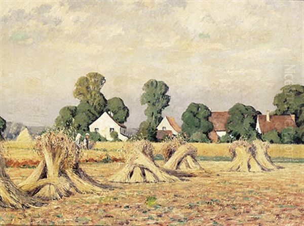 Erntelandschaft Mit Aufgestellten Kornmieten Oil Painting by Alfred Rasenberger