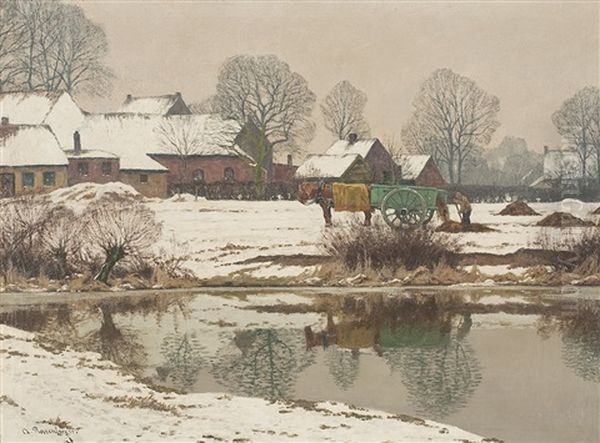 Winterlich Verschneites Gehoft Am Niederrhein Mit Bauer Auf Dem Feld Oil Painting by Alfred Rasenberger