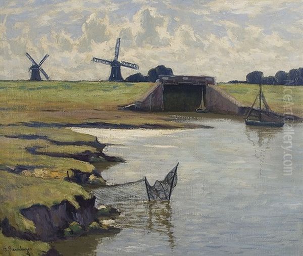 Schleuse Am Niederrhein Oil Painting by Alfred Rasenberger