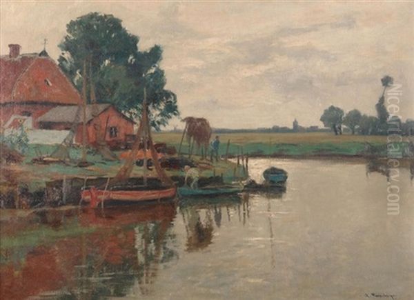 Sommertag Am Niederrhein. Vorn Am Ufer Fischer Vor Ihrer Kate, Am Horizont Ein Kleines Kirchdorf Oil Painting by Alfred Rasenberger