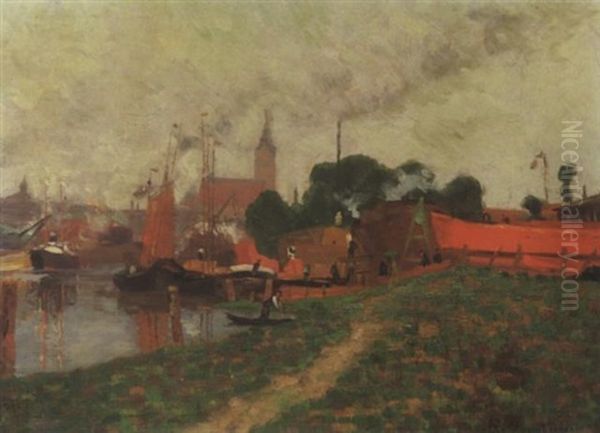 Niederrheinstadtchen. Geschaftiges Treiben Am Hafen Oil Painting by Alfred Rasenberger